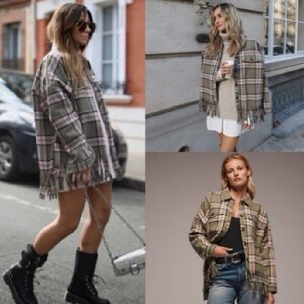 ZARA Wool Blend Plaid Fringe Studded Oversized Shirt Jacket Pink Green Size M